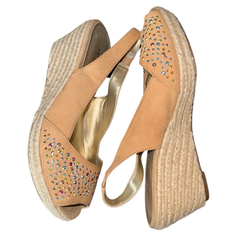Anne Klein Polara Tan Leather Slingback‎ Wedge Espadrilles 7M Rhinestone Sandals